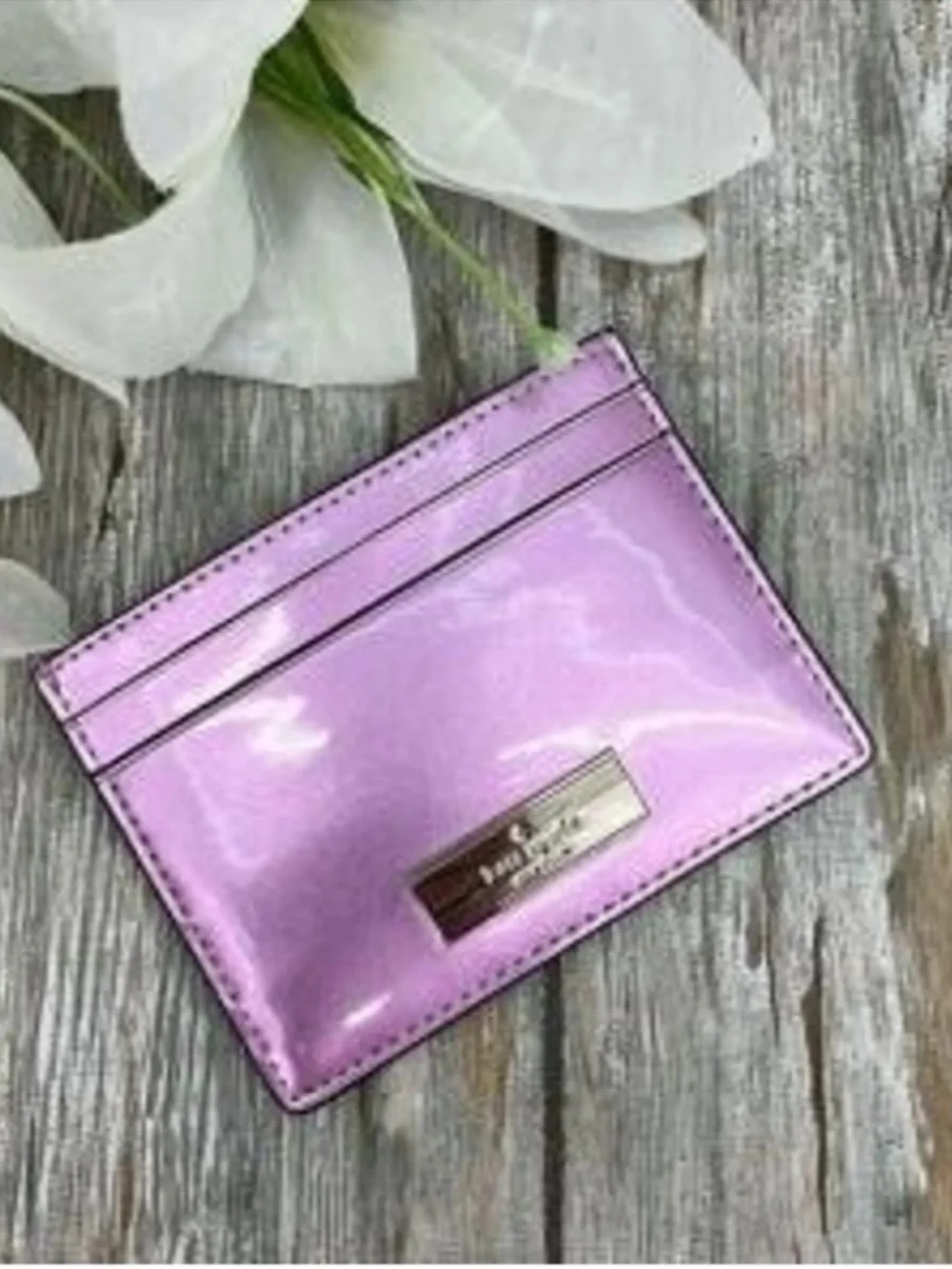 kate spade Metallic Purple-Pink Card Holder with Logo Plaque